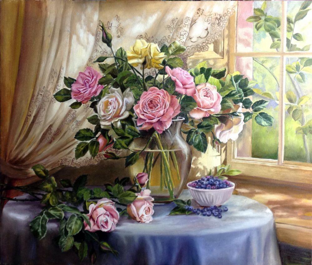 алмазная мозаика розы в вазе на столе